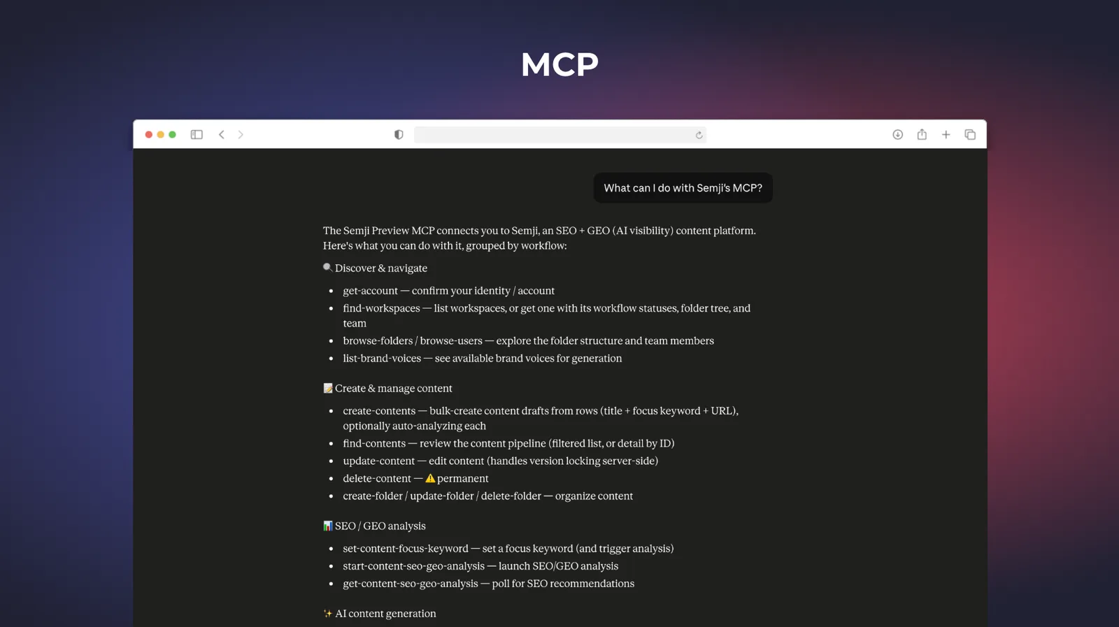 Serveur MCP Semji connecté à un assistant IA
