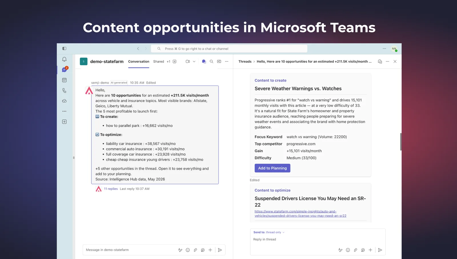 Un agent Semji publiant des opportunités de contenu dans un canal Microsoft Teams
