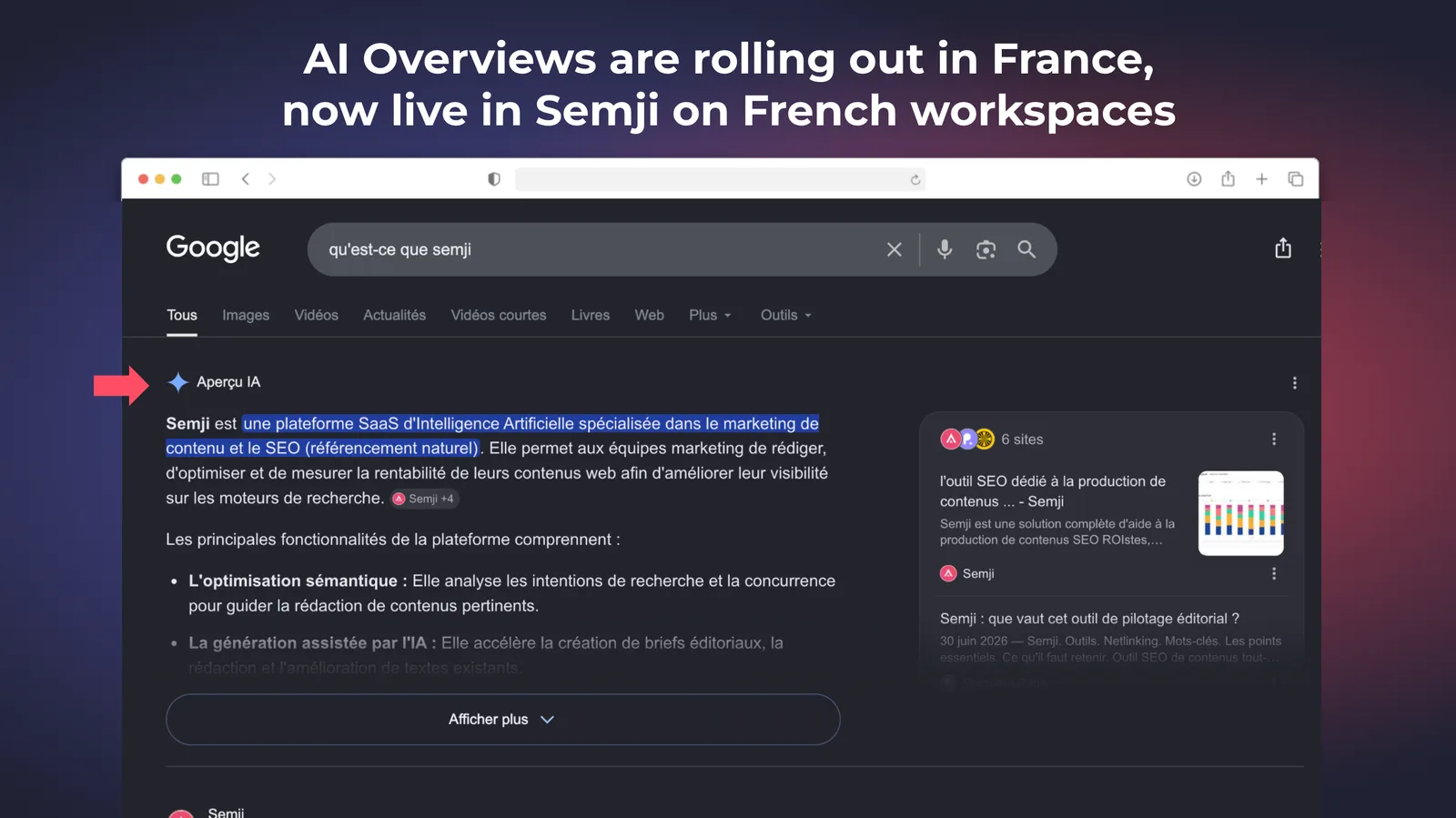 Recommandations GEO sur un mot-clé français avec une AI Overview