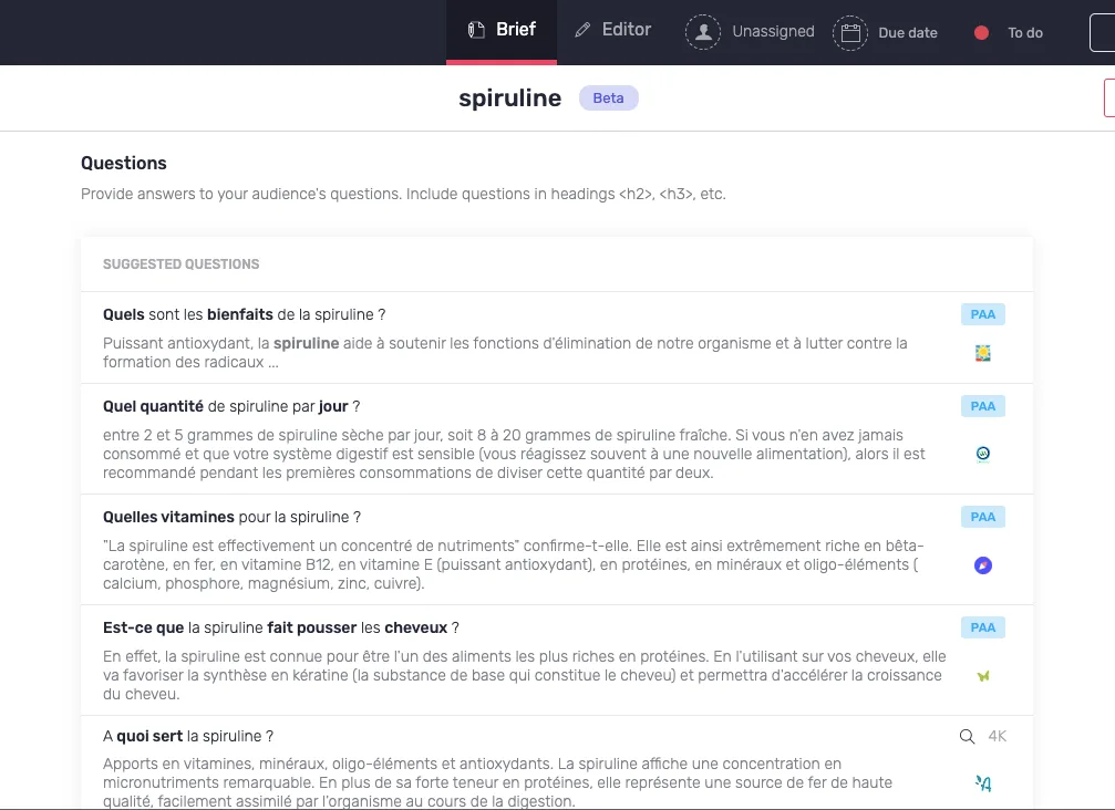 Questions avec leur contexte dans le brief