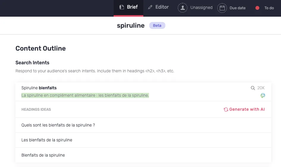 Intentions de recherche avec leur contexte dans le brief