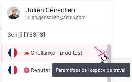 Bouton de paramètres par espace de travail retiré du menu utilisateur