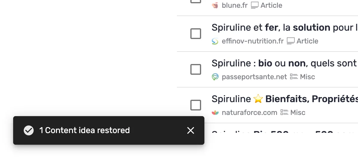 Notification de confirmation après restauration d'une idée archivée