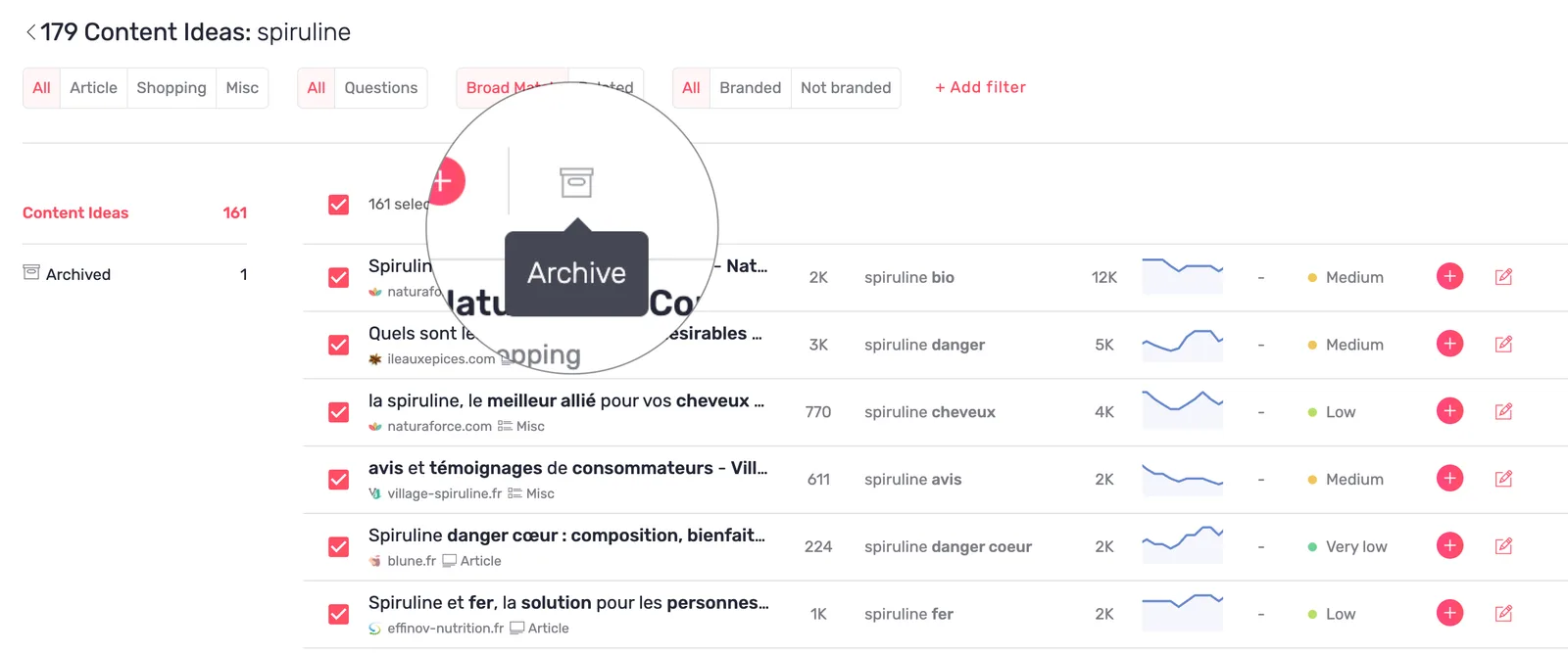 Idées de contenu sélectionnées en masse, action d'archivage mise en évidence