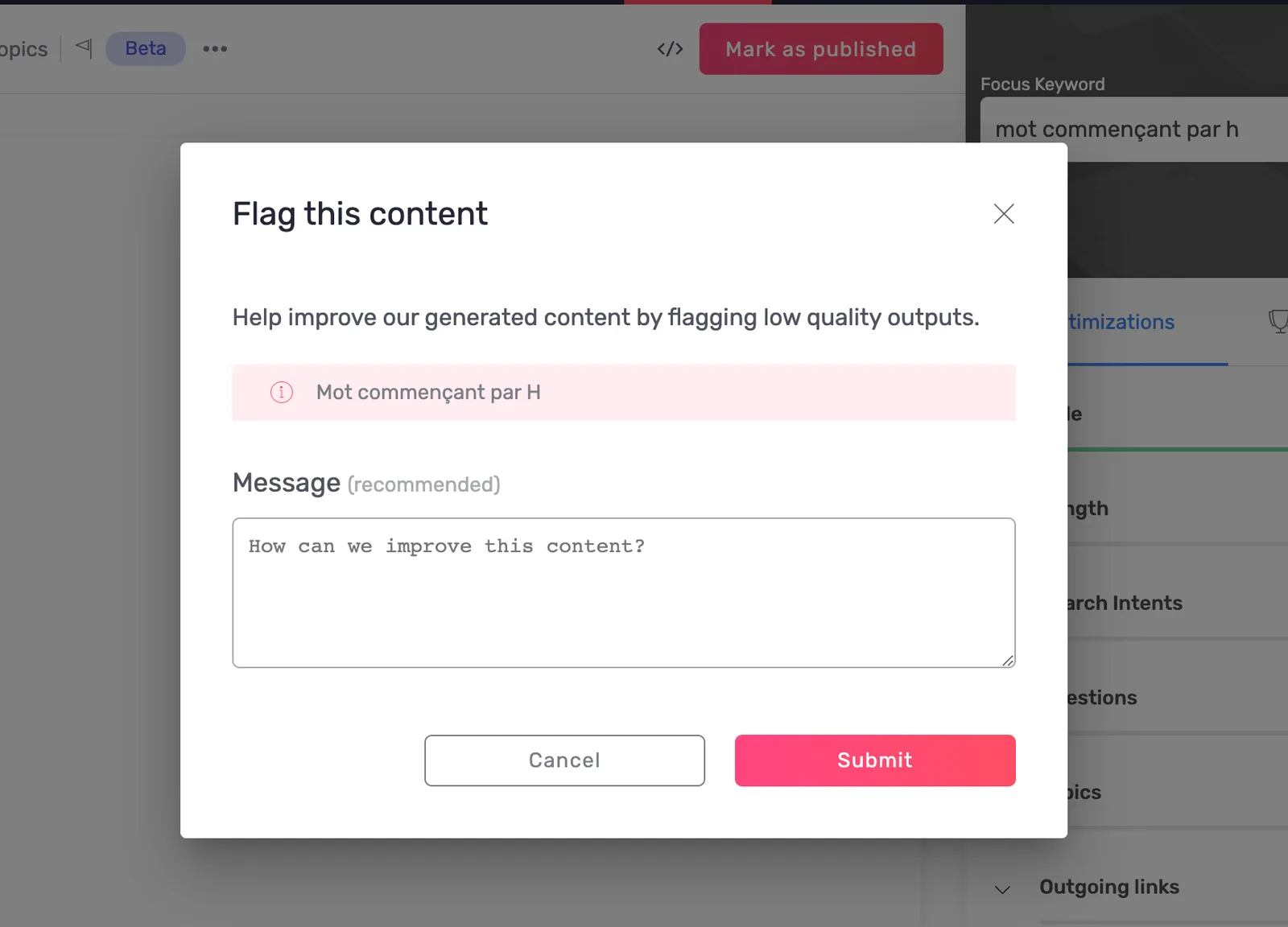Fenêtre de signalement d'une sortie AI Writing de mauvaise qualité