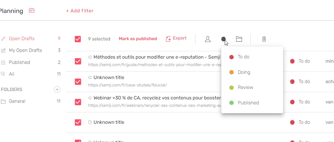 Changement de statut en masse dans le Planning