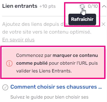 Bouton de rafraîchissement sur les suggestions de liens entrants