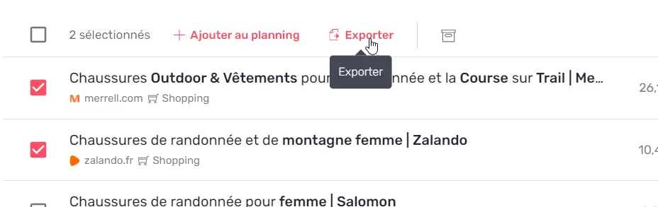 Action d'export mise en évidence sur une sélection d'idées de contenu