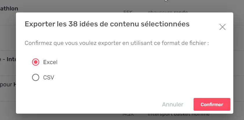 Fenêtre d'export proposant les formats Excel et CSV