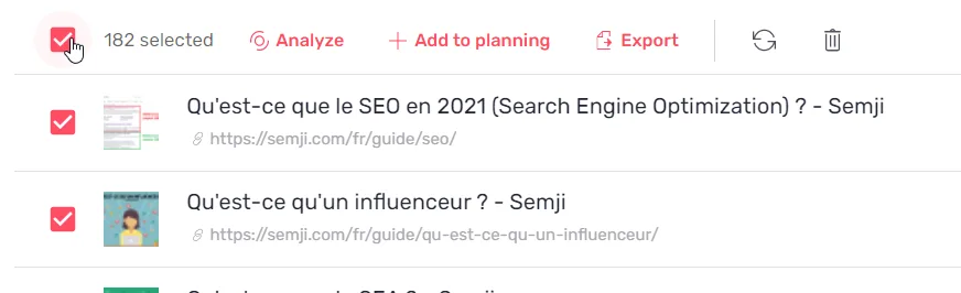 Barre de sélection multiple de Pages avec l'action d'export