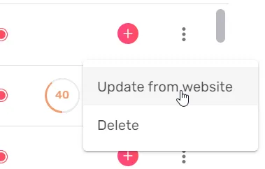 Menu de ligne de Pages avec les actions de mise à jour depuis le site et de suppression