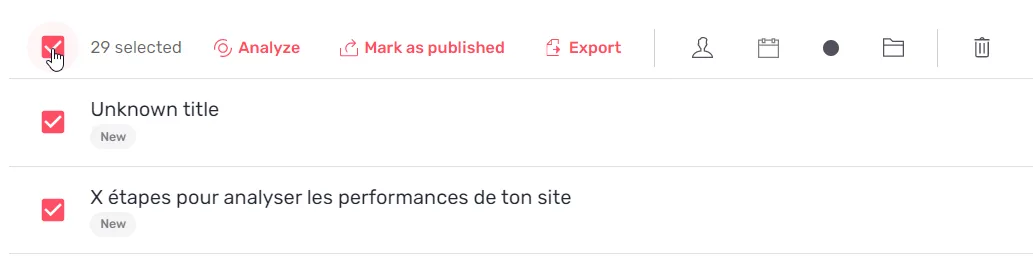 Barre de sélection multiple du Planning avec les actions analyser, marquer comme publié et exporter