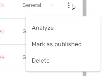 Menu de ligne du Planning avec les actions analyser, marquer comme publié et supprimer