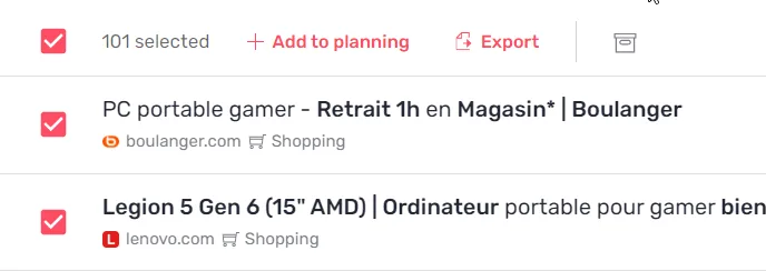 Barre de sélection multiple des idées de contenu avec les actions ajouter au planning et exporter