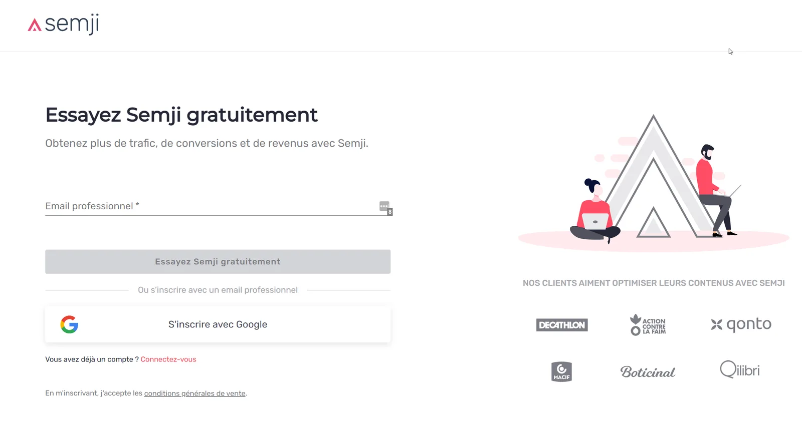 Page d'inscription Semji demandant une adresse e-mail professionnelle