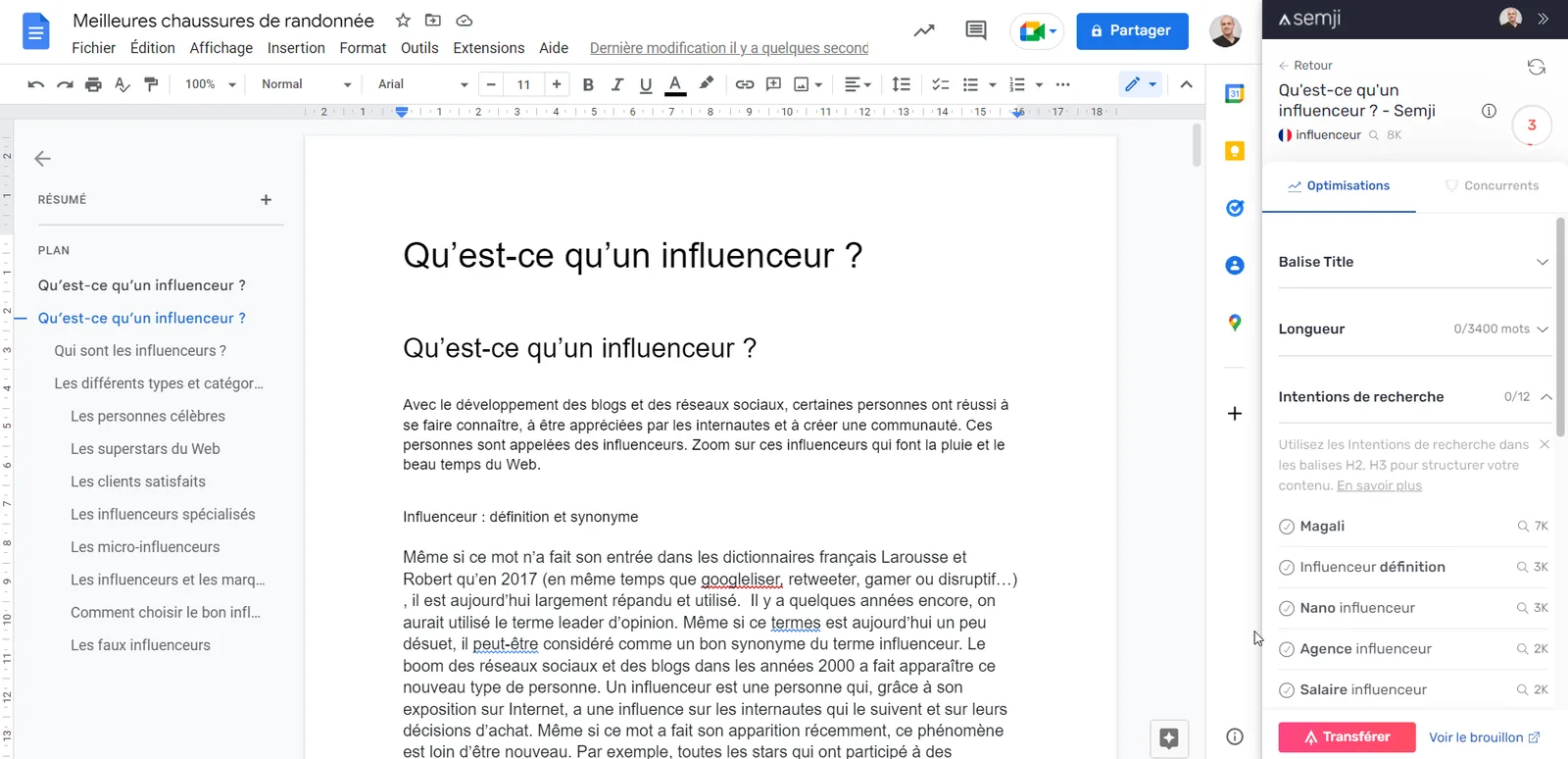 Panneau de recommandations Semji ouvert dans un document Google Docs