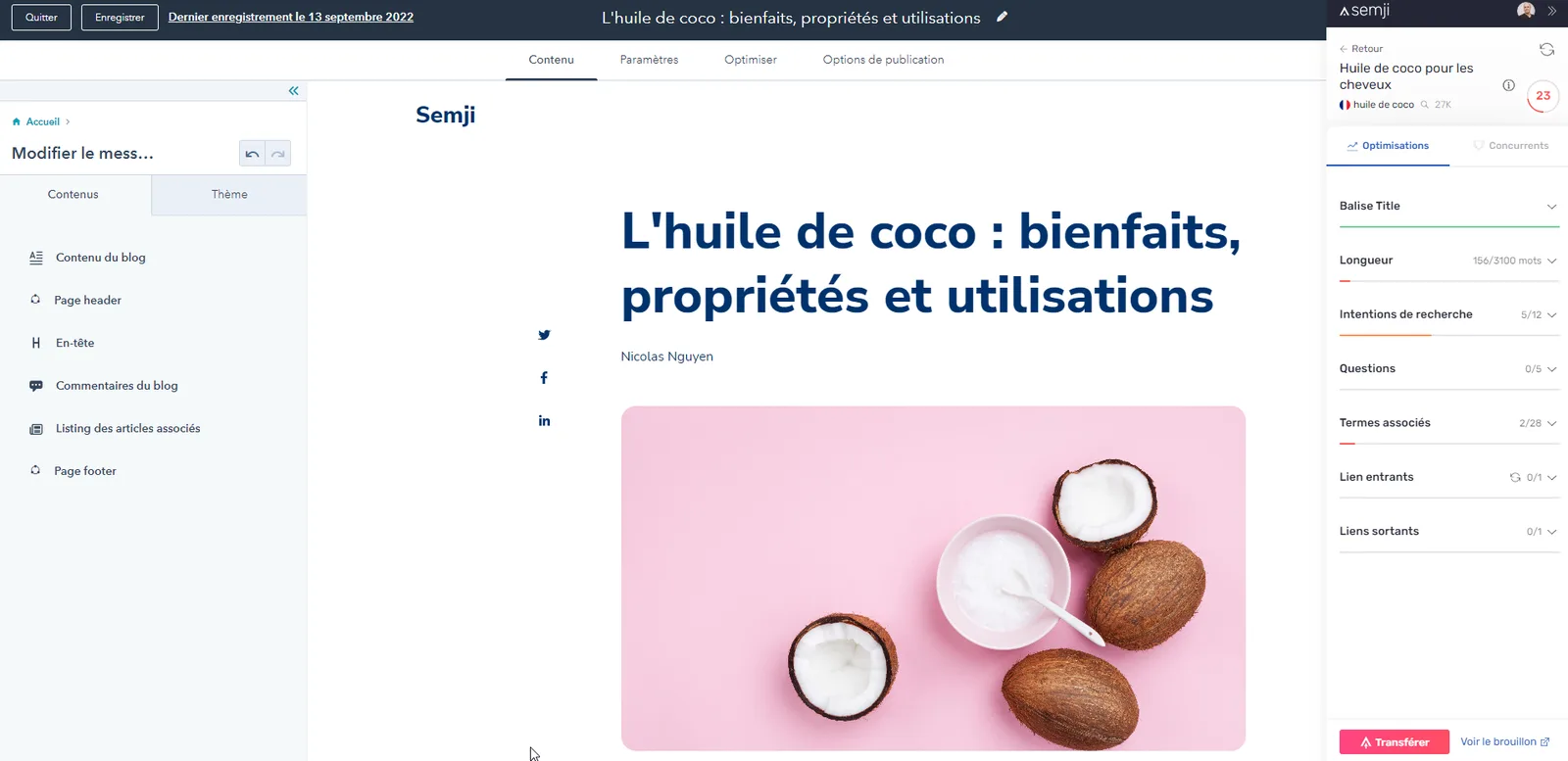 Panneau de recommandations Semji ouvert dans l'éditeur de blog du CMS HubSpot