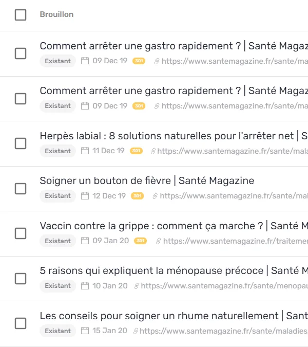 Liste du Planning montrant les pastilles de contenu existant et de nouveau contenu