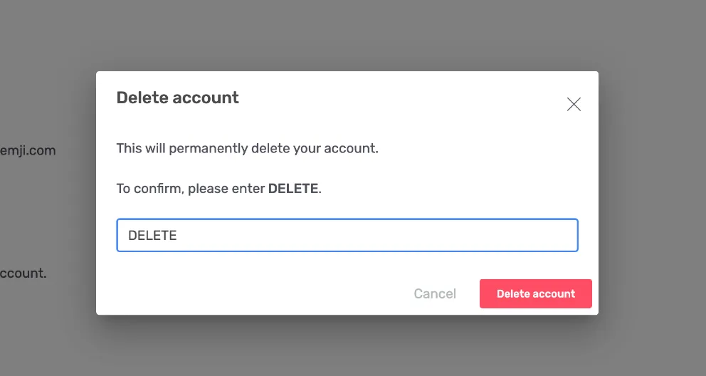 Modale de suppression de compte demandant de saisir DELETE pour confirmer