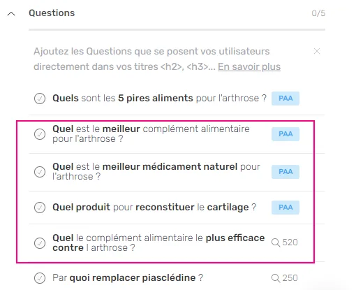 Recommandations de questions réparties sur deux lignes