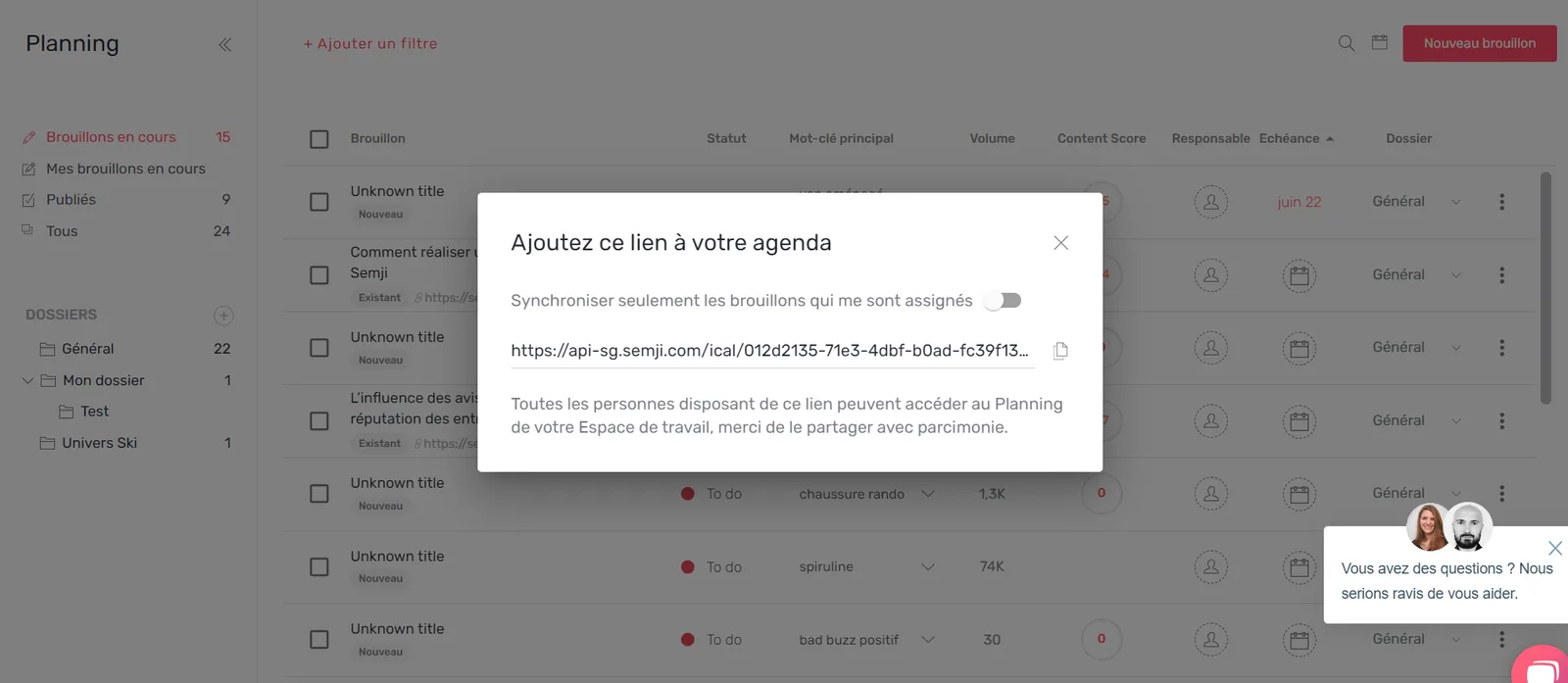 Modale permettant de récupérer le lien iCal