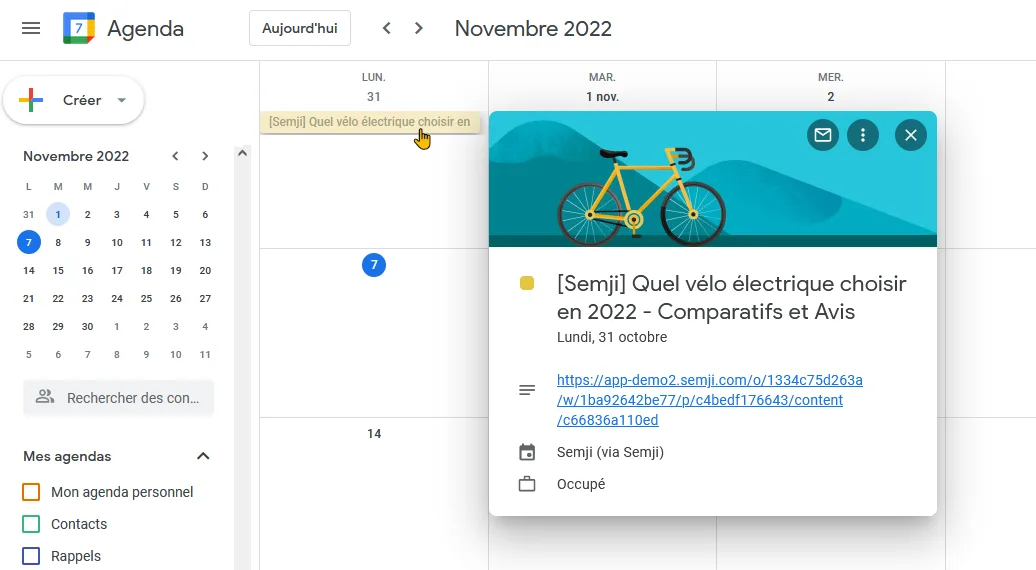 Vue d'un contenu à optimiser dans un calendrier externe