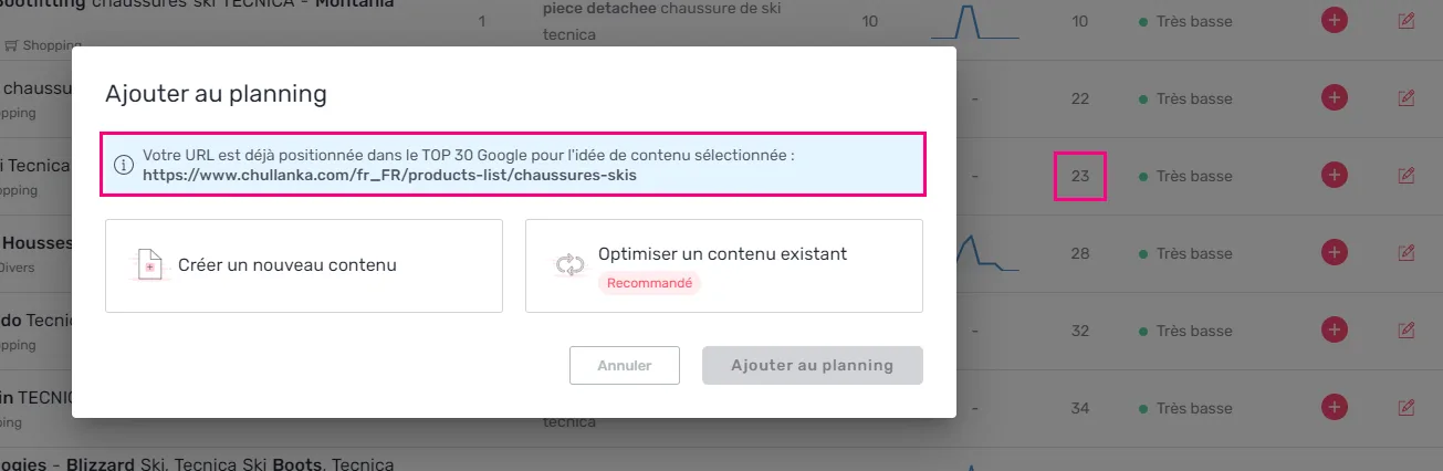 Idées de contenu limitées aux pages du TOP 30