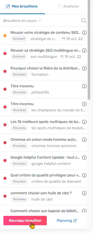 Bouton Nouveau brouillon dans l'onglet des brouillons