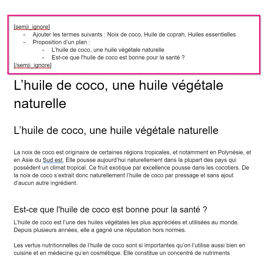 Texte exclu des recommandations dans Google Docs