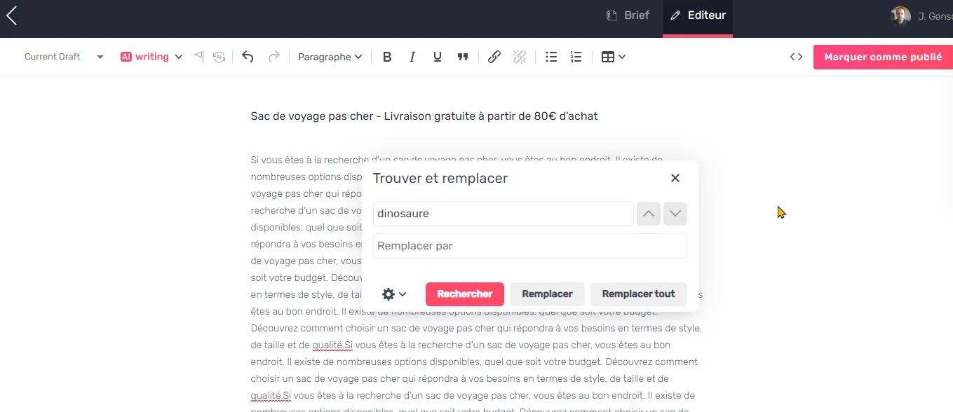 Rechercher et remplacer de l'Editor, avant