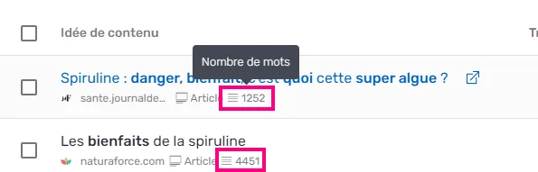 Nombre de mots affiché sur une idée de contenu
