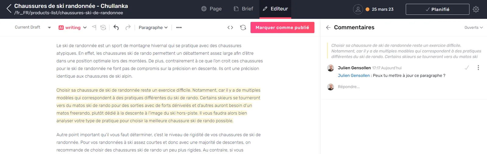 Commentaires ouverts dans l'Editor