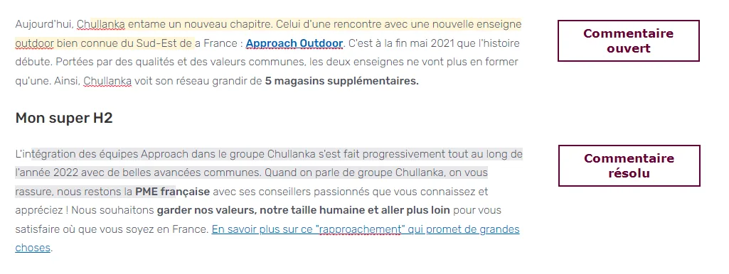 Zones de texte commentées signalées dans le contenu