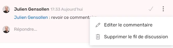 Actions disponibles sur un commentaire