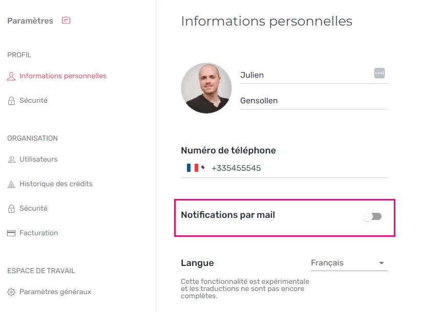 Paramètres de notifications avant