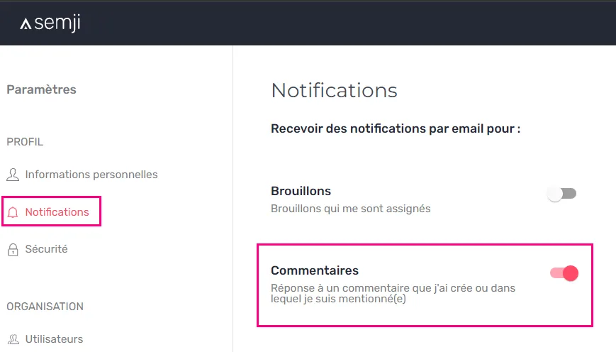 Paramètres de notifications après