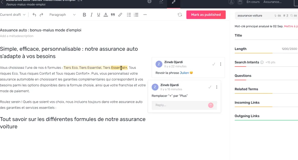Commentaires affichés à côté du contenu
