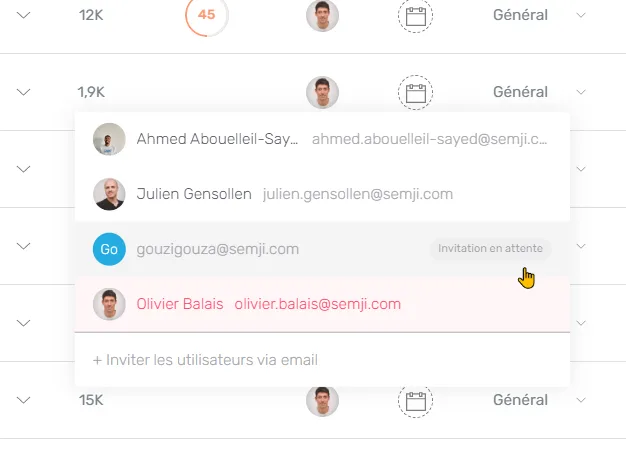 Invitation en attente dans la liste des utilisateurs