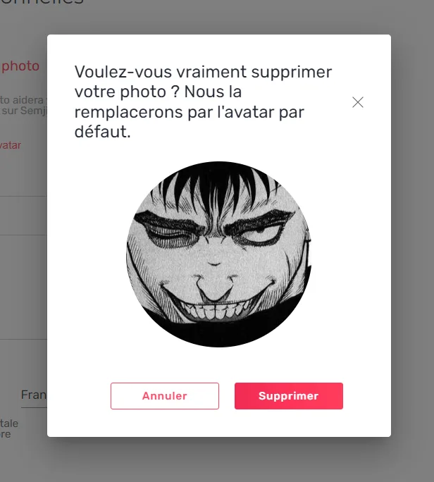 Confirmation avant la suppression d'une photo de profil